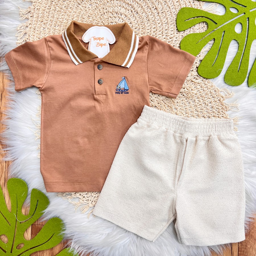 Conj. Camiseta Gola Polo Fun At Sea e Bermuda em Linho - Marrom e Areia